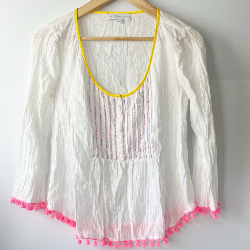 Christophe Sauvat White Gauze Henley with Pink Beading and trim Womens XS Color